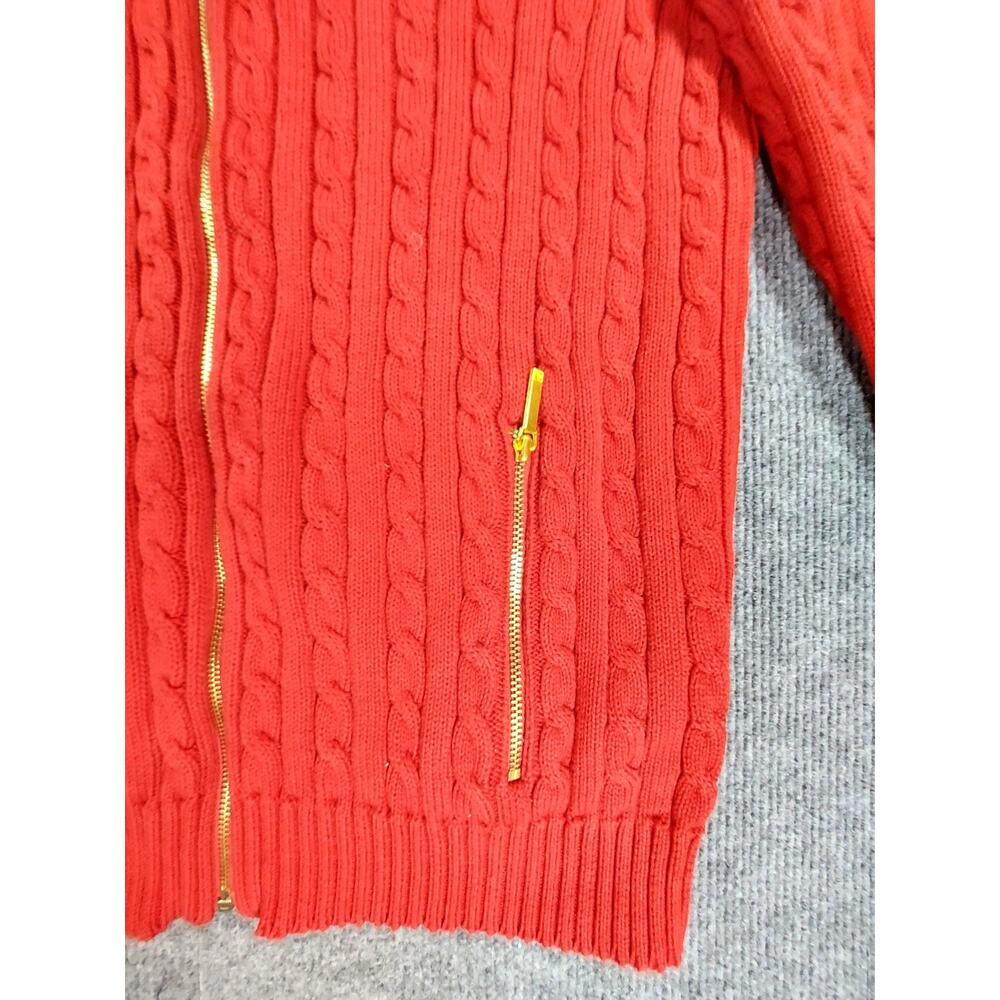 Lauren Ralph Lauren Women's Red Cable Knit Full Zip Sweater Gold Crown Crest Med - Picture 2 of 9